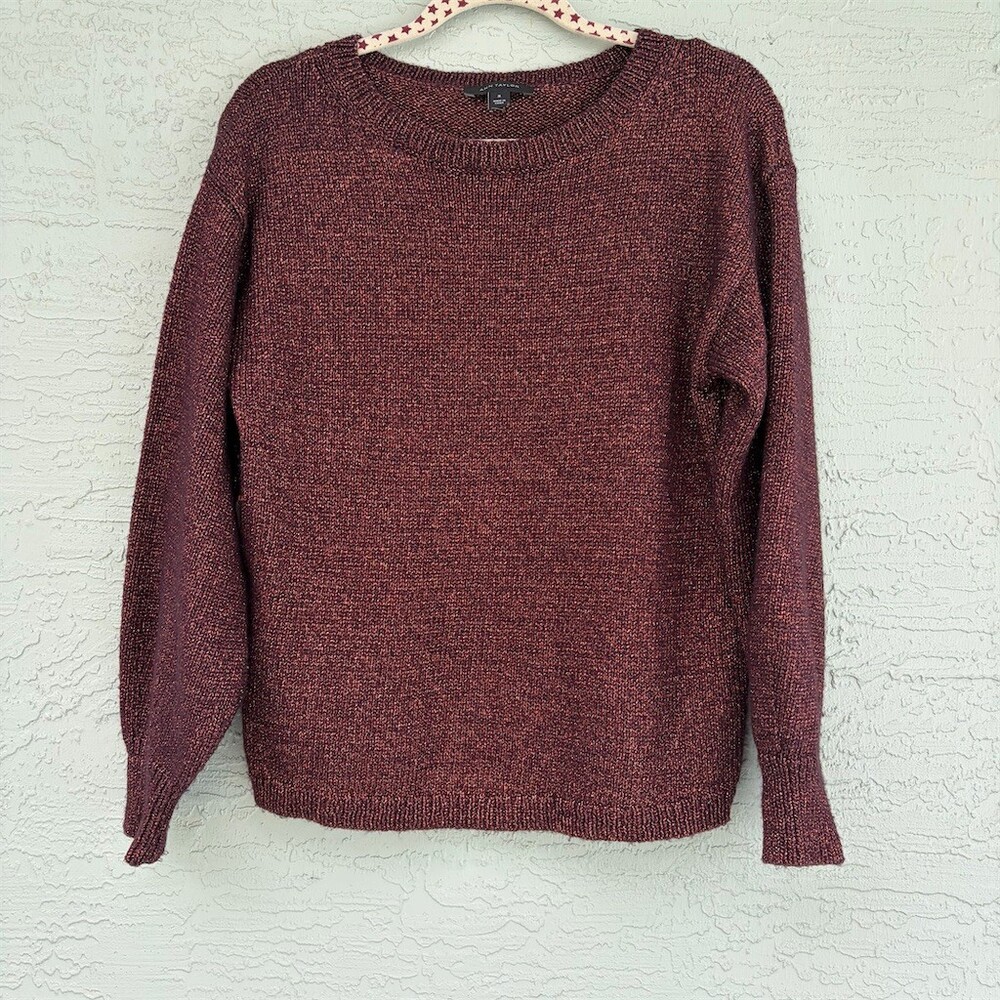 Ann Taylor Sweater Womens M Burgundy Metallic Textured Knit Crew Neck